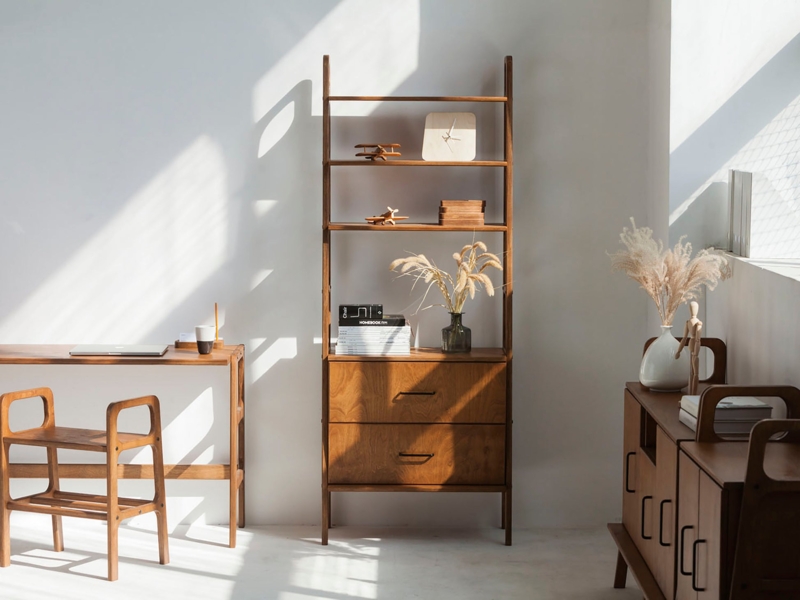 Tall Plywood Bookcase with Exposed Edges and Cutout Handles