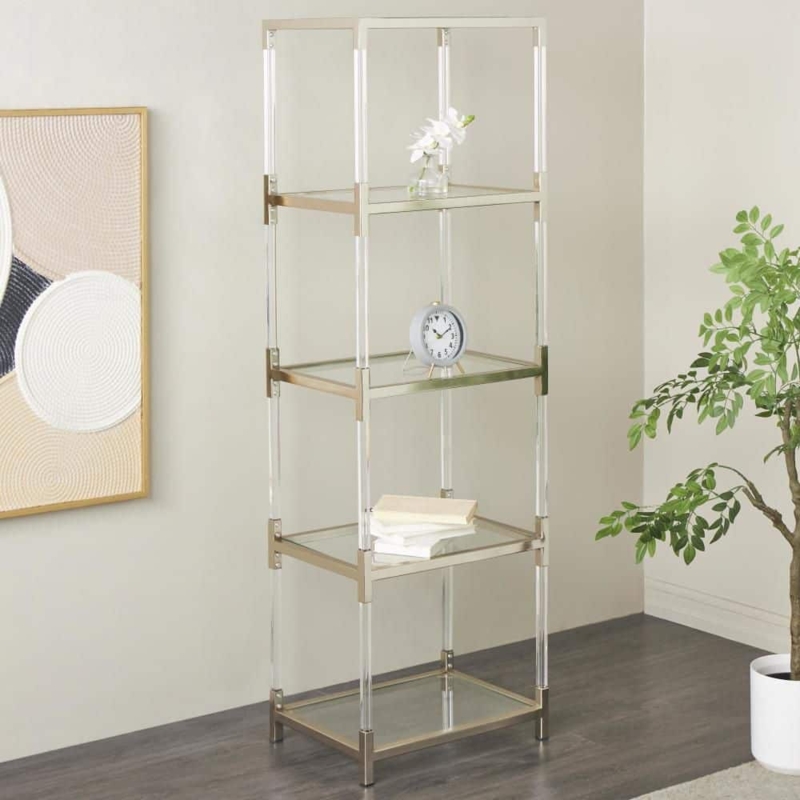 Tall Shelving Unit, Five-Tier Acrylic Cubes with Polished Silver Frame