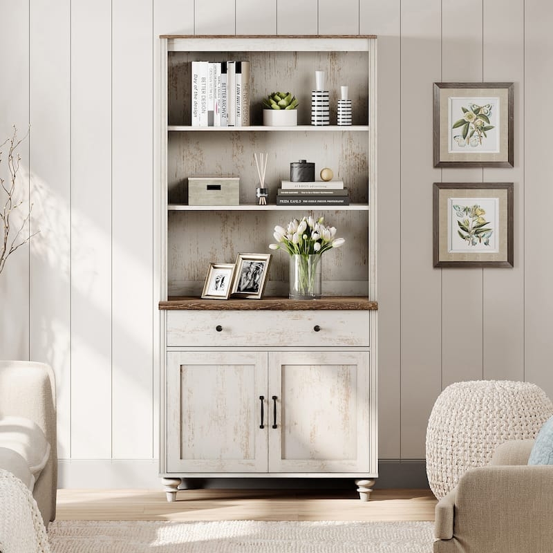 Tall Storage Bookcase, Distressed Off-White, Hutch Silhouette