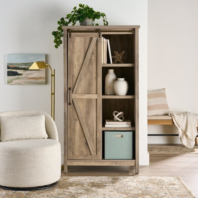 Tall Storage Cabinet, Rustic Gray Finish, Sliding Barn Doors