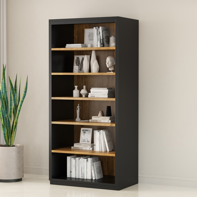 Tall Two Tone Bookcase Styling Black with Natural Wood Interior
