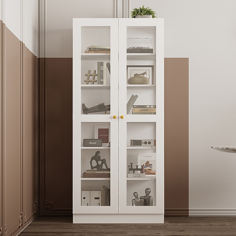 Tall White Bookcase with Glass Doors and Gold Handles