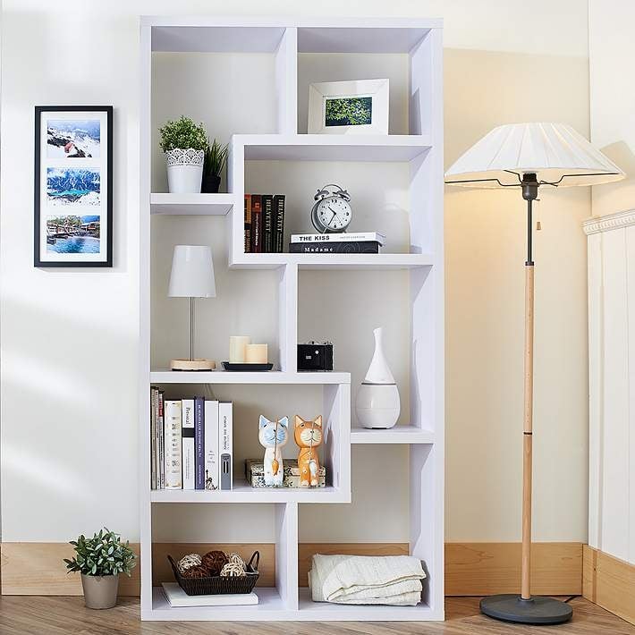 Tall White Geometric Bookcase Staggered Open Back