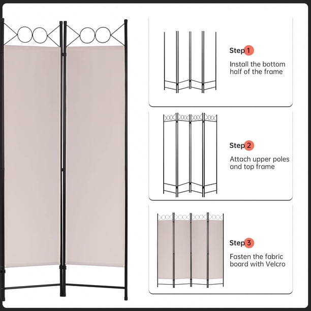 Tan Fabric Room Divider 4-Panel Black Steel Frame Velcro Fastening
