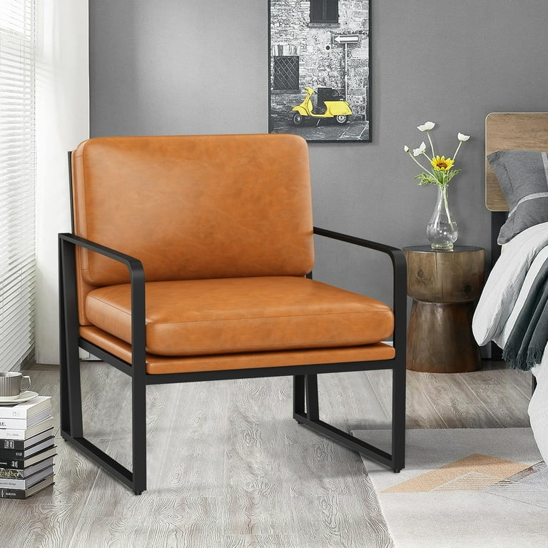 Tan Faux Leather Accent Chair Vertical Stitching Sled Base
