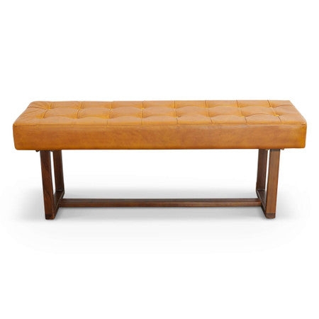 Tan Leather Entryway Bench, Tufted Seat, Dark Wood Sled Base