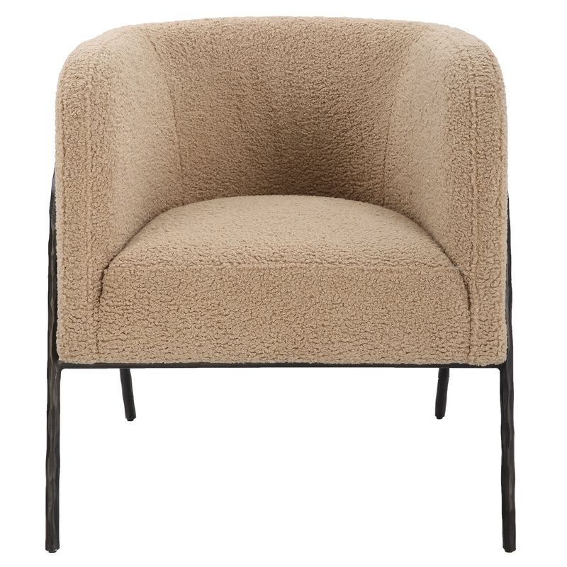 Tan Shearling Barrel Accent Chair with Solid Upholstered Base