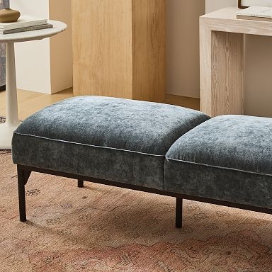 Tan Upholstered Bench Slim Metal Frame Architectural Base Modern Seating
