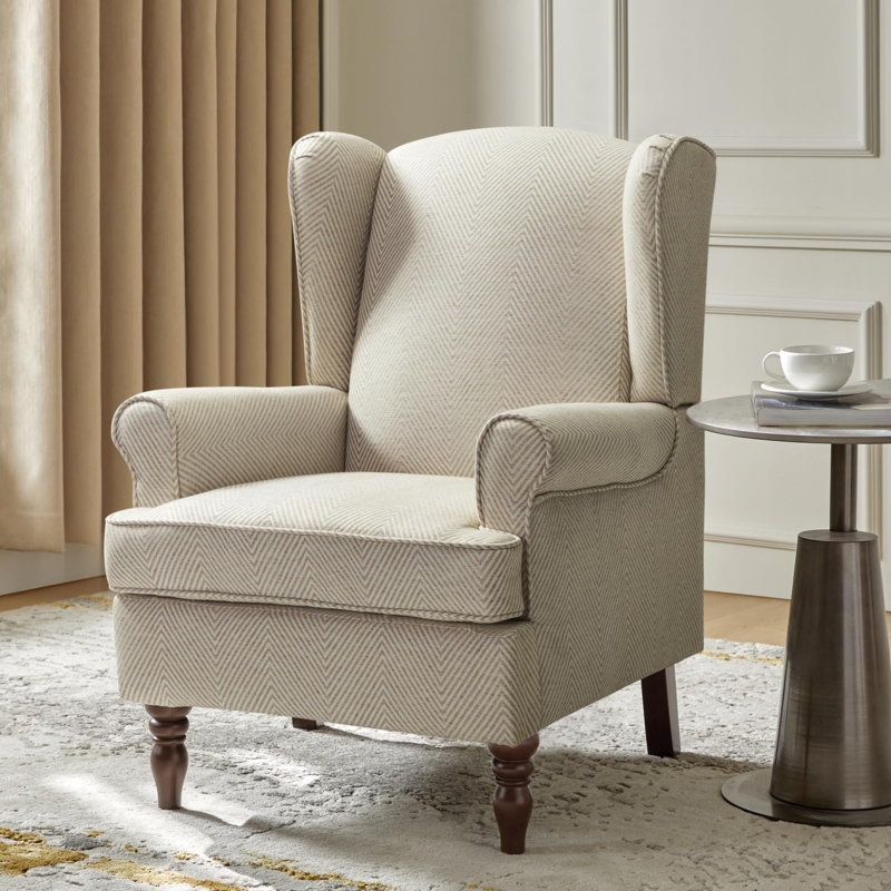 Tan Wingback Armchair with Button Tufting and Retro Legs