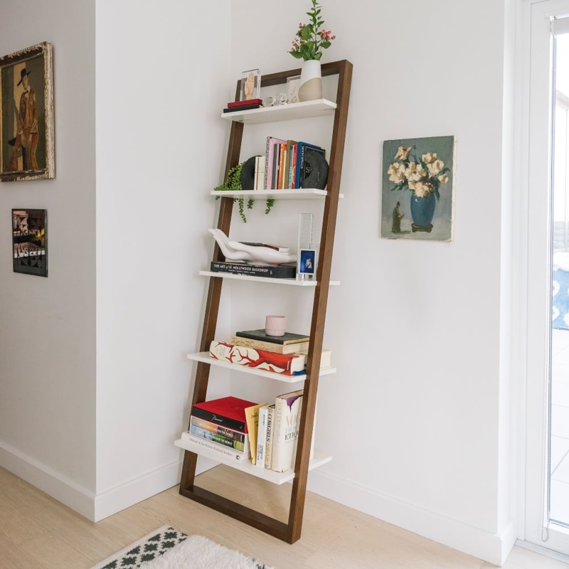 Tapered Walnut Ladder Shelf Minimalist Leaning Design Five Tier