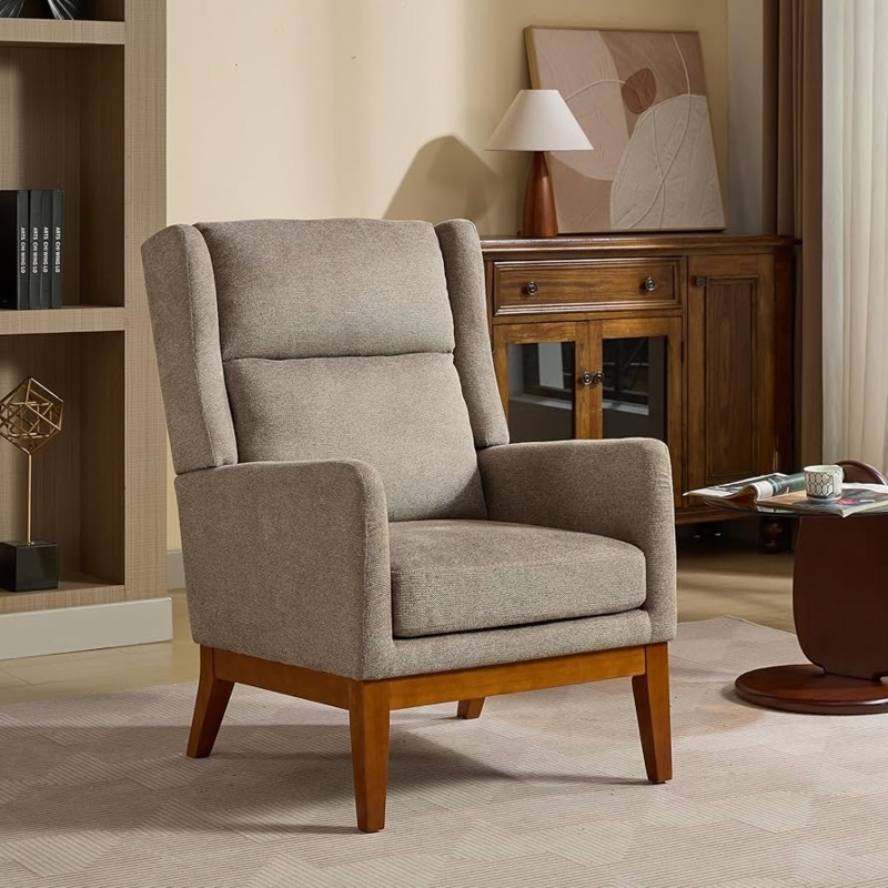 Taupe High Back Accent Chair Mid-Century Modern Wood Legs