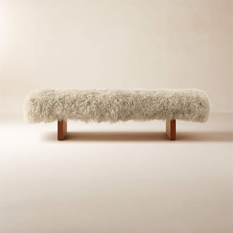 Taupe Sheepskin Bench Wood Slab Legs Organic Modern