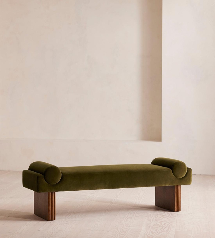 Taupe Velvet Upholstered Bench with Rounded Ends and Wood Base