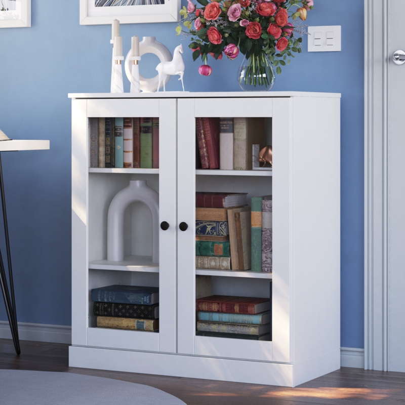 Teal Blue Low Profile Bookcase with Glass Doors and Solid Wood
