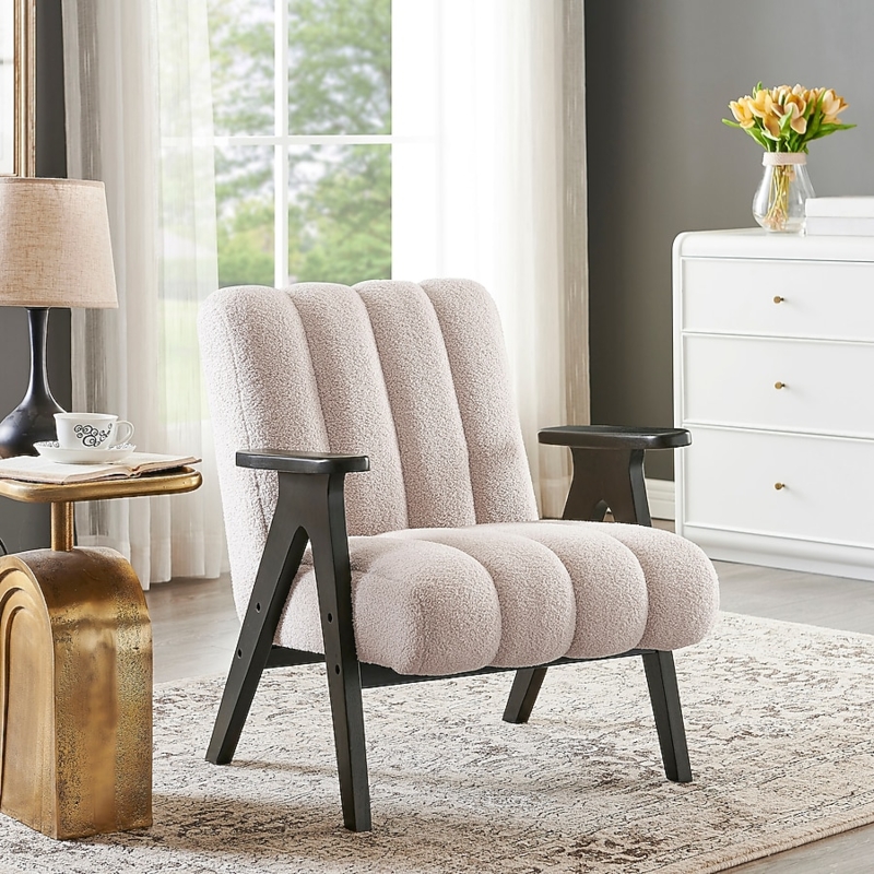 Teddy Sherpa Accent Chair with Espresso Wood Frame.