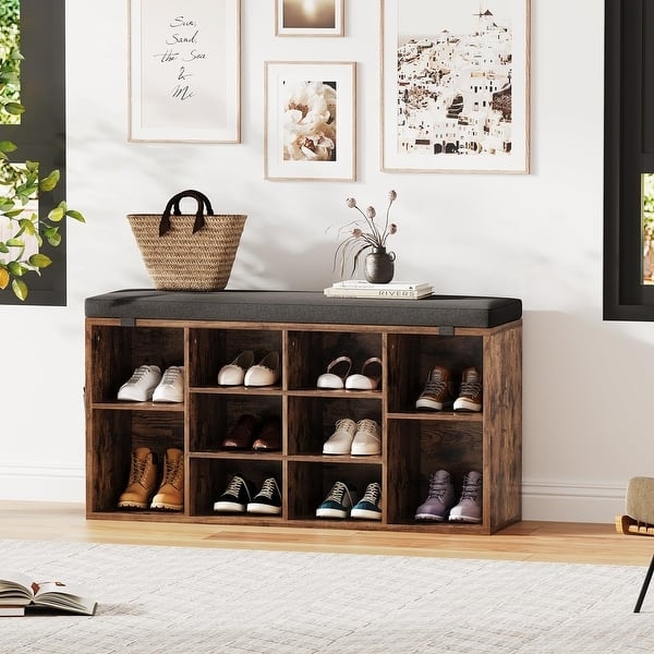 Ten Cubby Storage Bench with Padded Seat and Adjustable Shelves