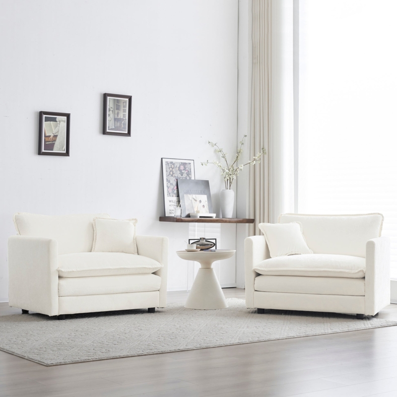 Textured Chenille Armchair with Ottoman White Barrel Back