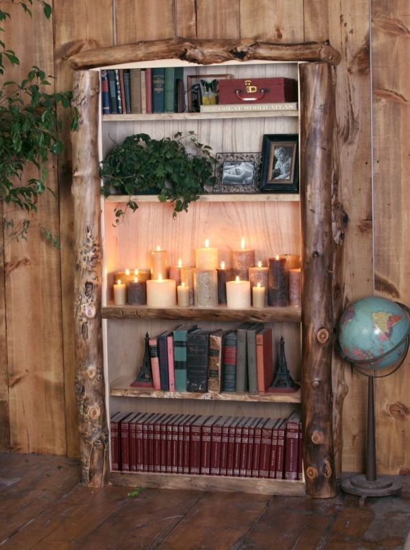 Thick-Construction Log Bookcase, Rustic Lodge Style, Five Tiers