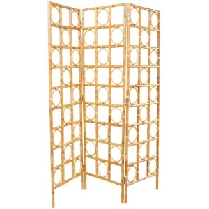 Three-Panel Room Divider, Circular Motifs, Open Rattan Frame, Natural