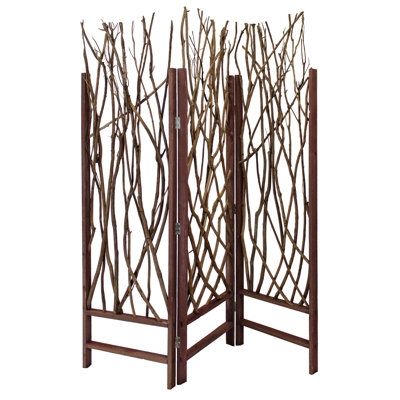 Three-Panel Room Divider with Dark Wood Frame and Interwoven Branches