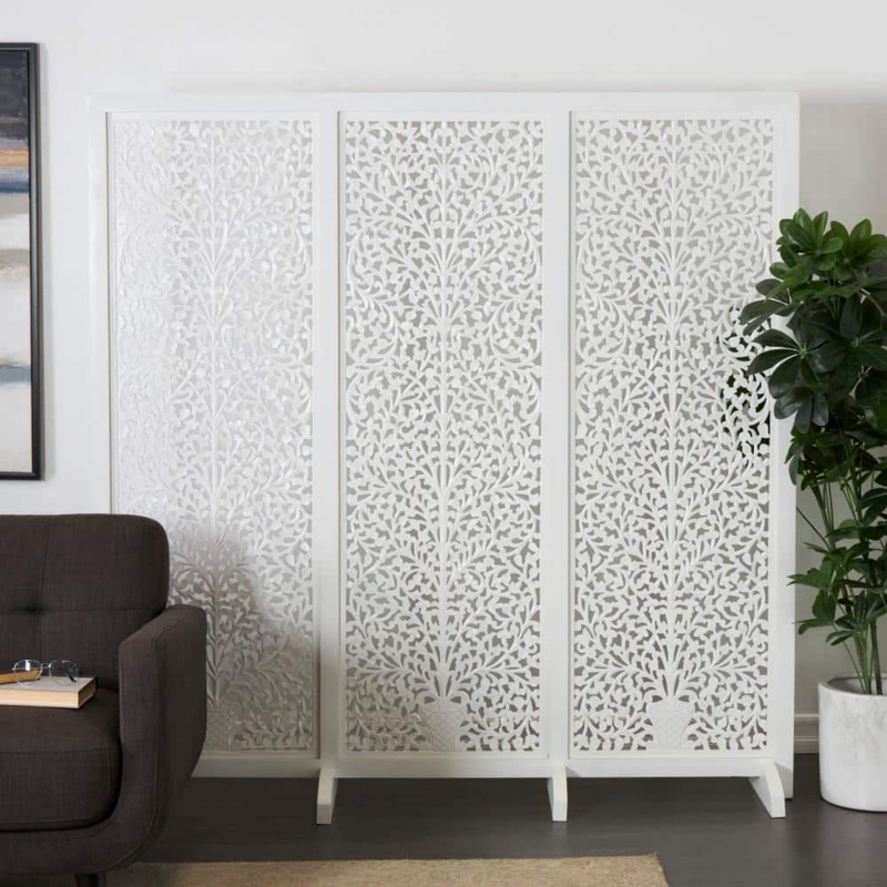 Three-Panel White Room Divider with Intricate Floral Cutouts