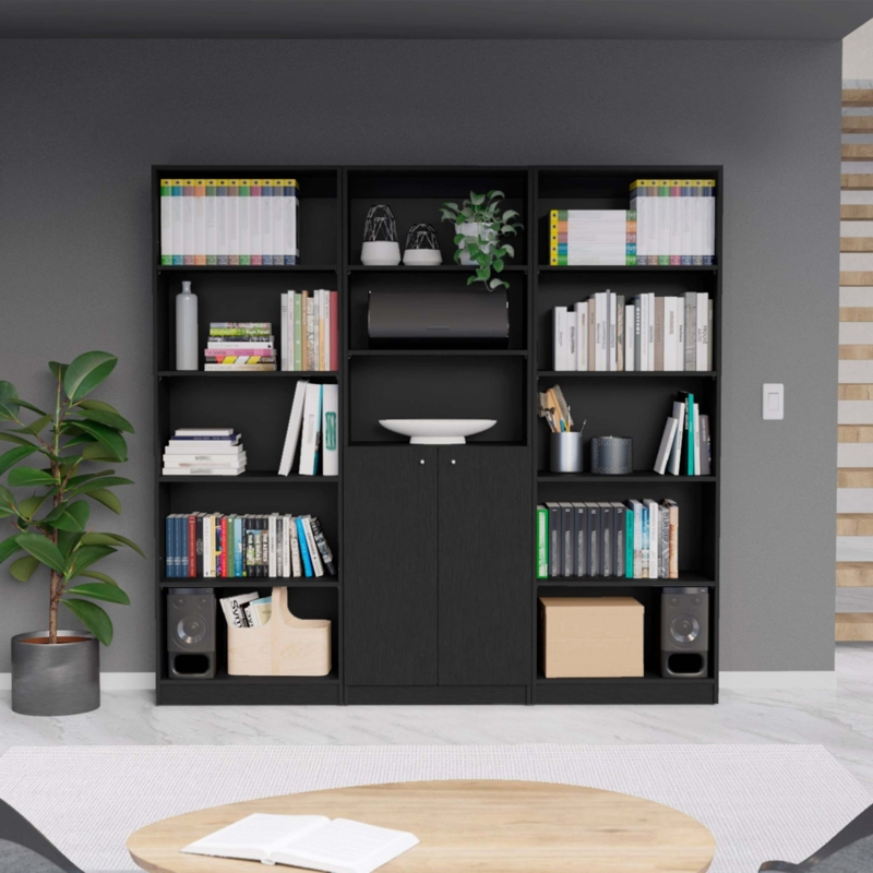 Three-Piece Black Bookcase Set with Closed Backs
