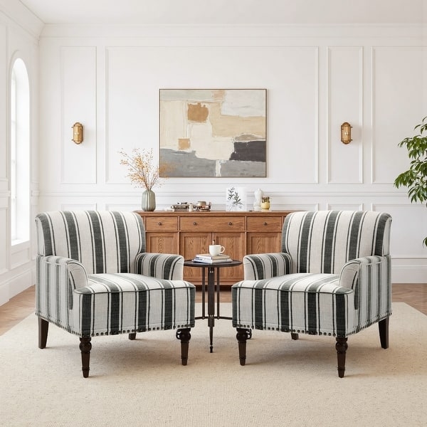 Ticking Stripe Accent Chair Set of 2 Coastal Style Nailhead Trim