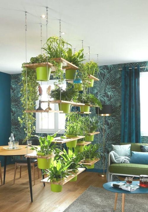 Tiered Wooden Shelf Room Divider, Hanging Plant Partition