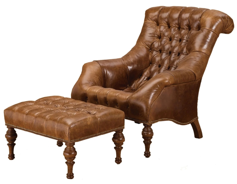Traditional Accent Chair, Navy Blue with Rolled Arms & Turned Feet Ottoman