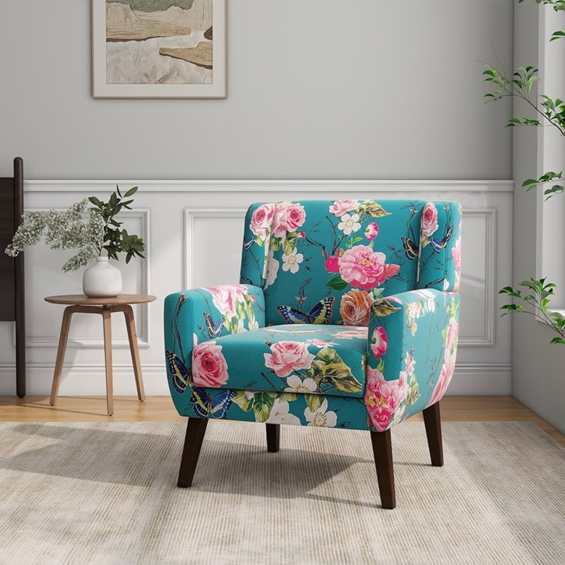 Traditional Armchair with Blue Floral Print and Rolled Arms
