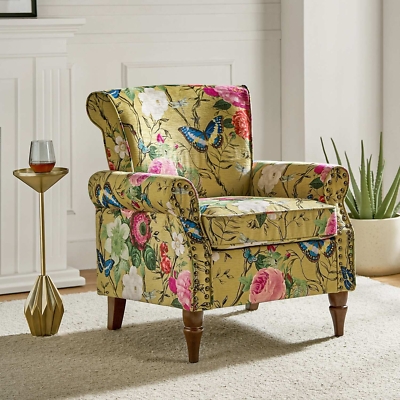 Traditional Beige Rolled Arm Accent Chair Nailhead Trim