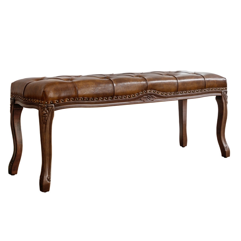 Traditional Bench Brown Faux Leather Scalloped Apron Carved Details