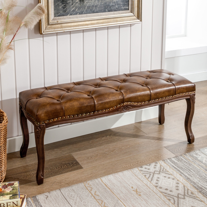 Traditional Bench Cognac Button Tufted Cabriole Legs Nailhead Trim