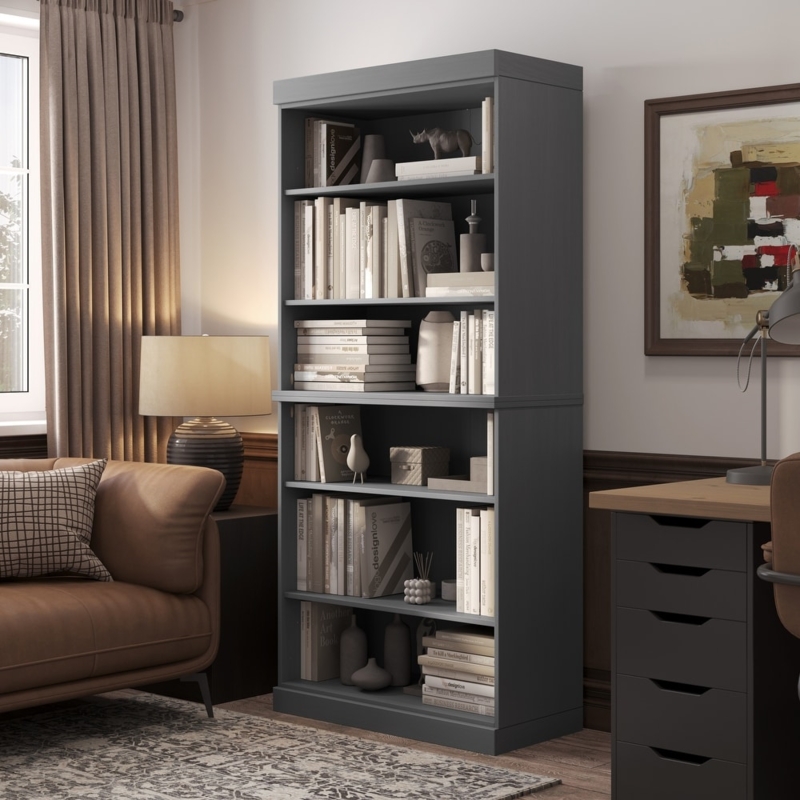 Traditional Bookcase Cool Grey Beadboard Back Crown Molding