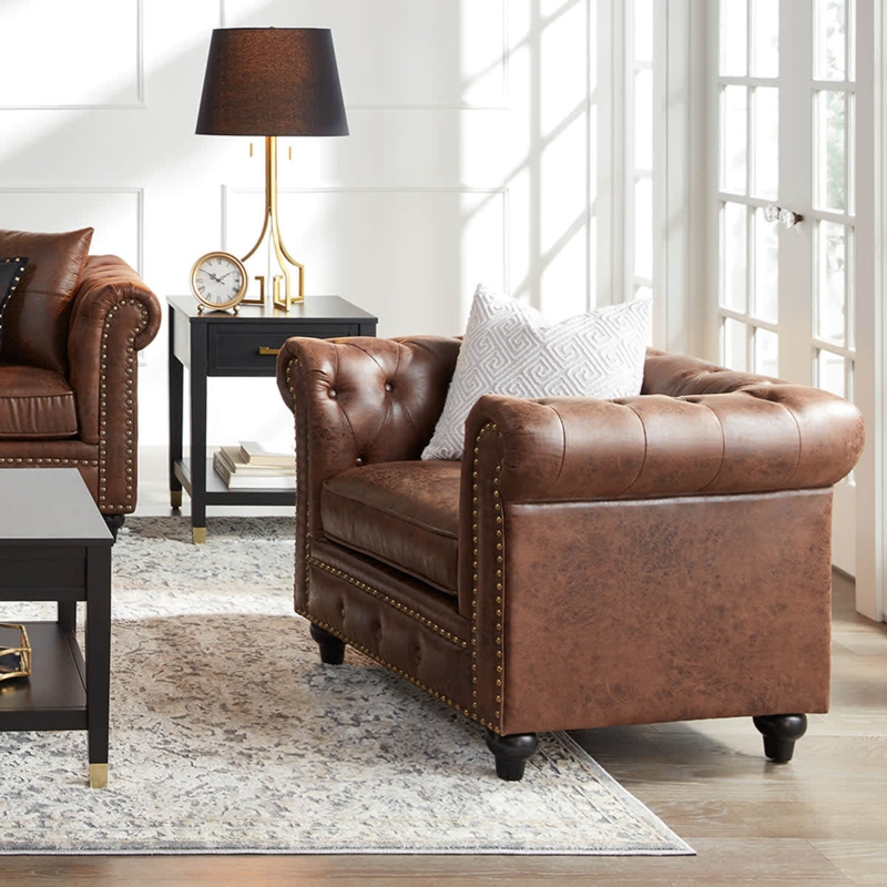 Traditional Brown Leather Accent Chair Chesterfield Rolled Arms Tufted