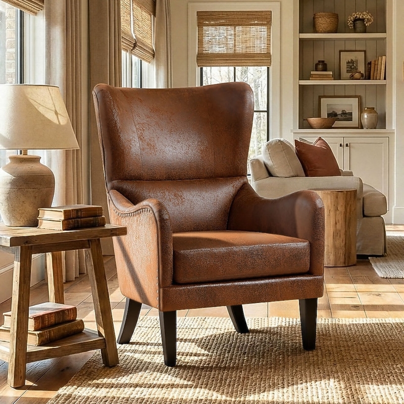 Traditional Brown Wingback Chair Button Tufted Fabric Nailhead Trim
