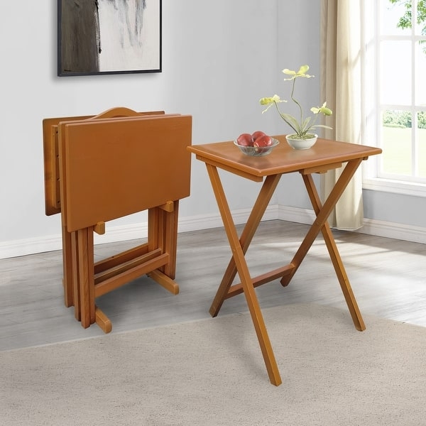 Traditional Folding Tray Table Set Dark Walnut Toned Wood Storage Stand