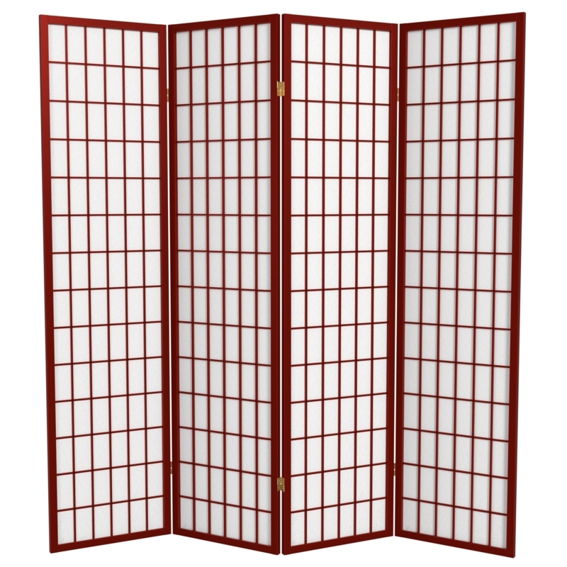 Traditional Shoji Style Room Divider, Dark Red Frame & Grid Screen