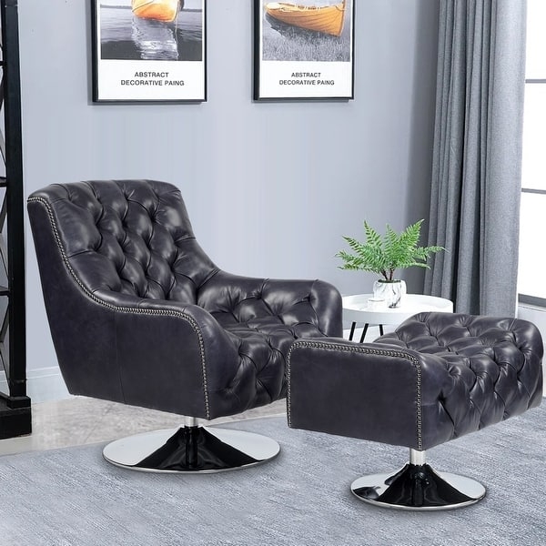 Traditional Swivel Wingback Chair & Ottoman with Nailhead Trim