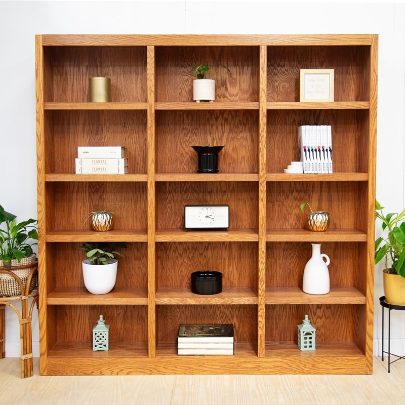 Traditional Triple Wide Oak Bookcase with Fifteen Compartments