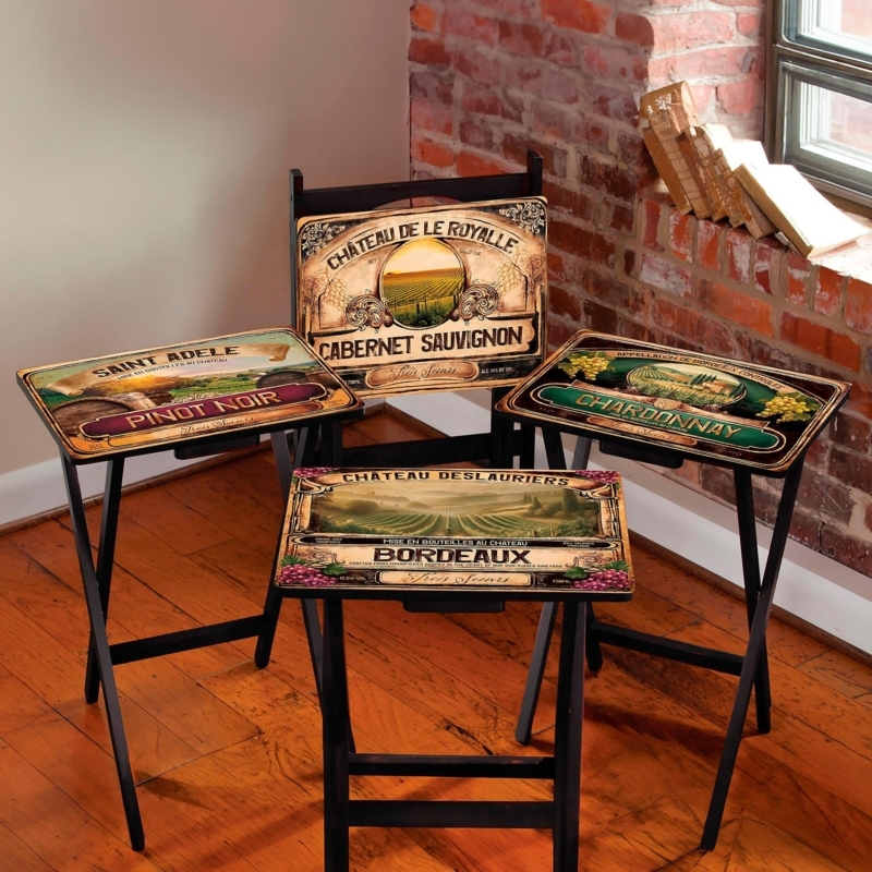 Traditional TV Tray Set Vintage Wine Label Print Warm Brown Wood
