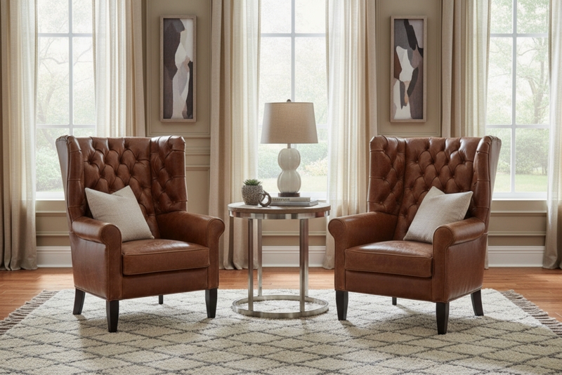 Traditional Wingback Accent Chair in Dark Brown Leather