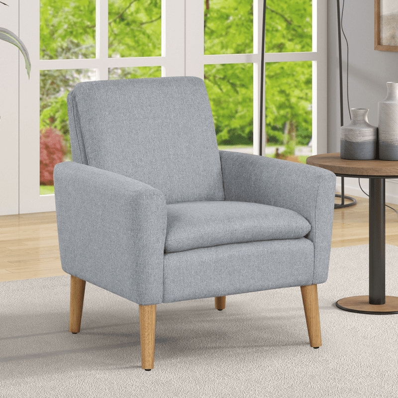 Transitional Accent Chair, Recessed Rounded Arms, Tapered Wood Legs