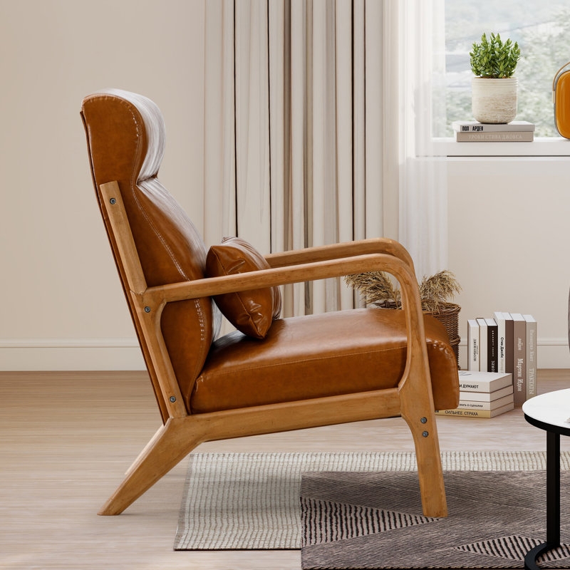 Transitional Accent Chair Tan Leather Look Lumbar Pillow