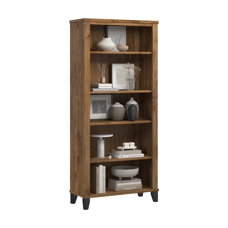 Transitional Arched Top Bookcase in Dark Walnut Finish with Tapered Feet