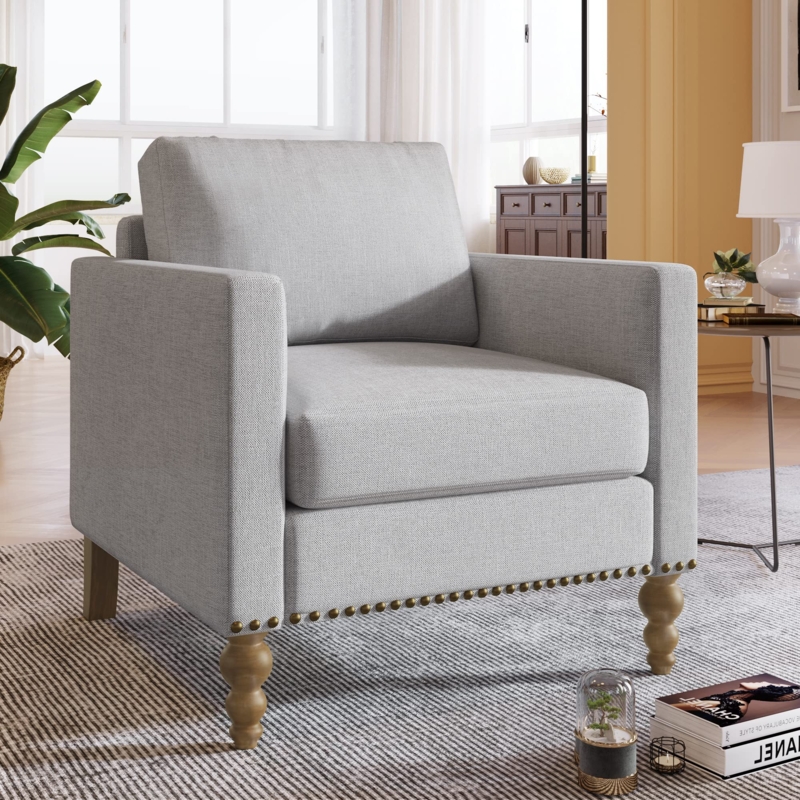 Transitional Armchair featuring Bronze Nailhead Trim and Saber Legs