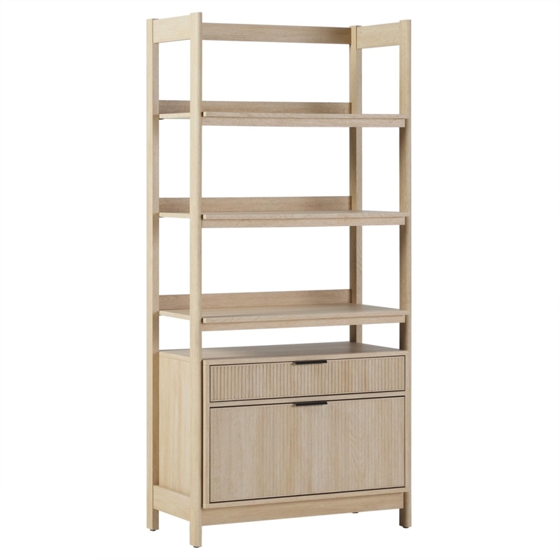 Transitional Bookcase Coastal Oak Reeded Drawers Bottom Storage