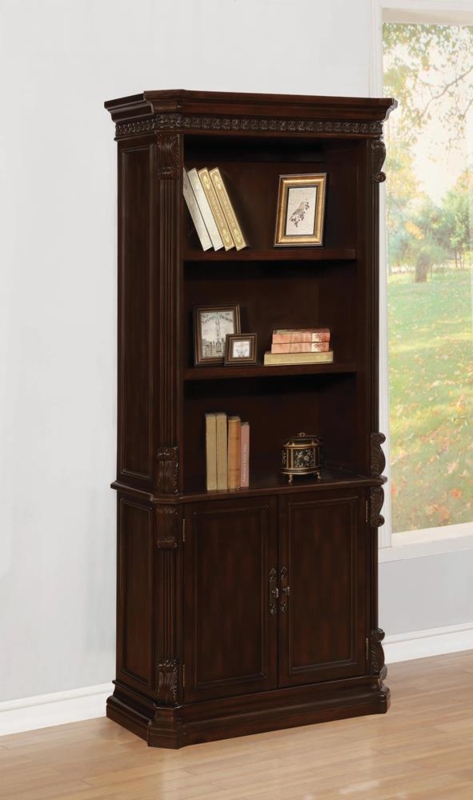 Transitional Bookcase featuring Decorative X-Frame Side Panels