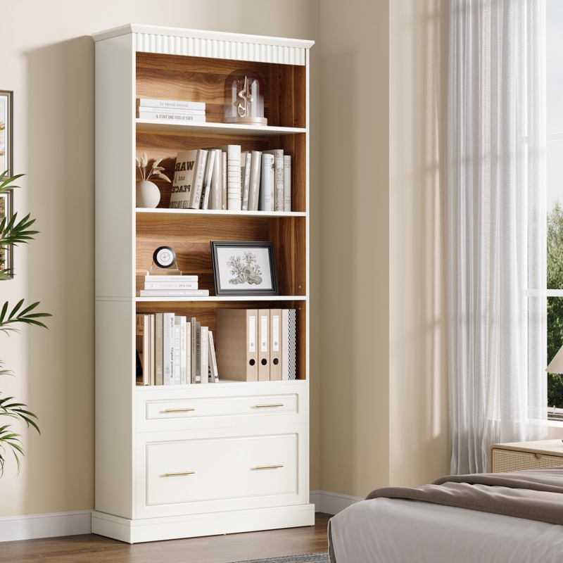 Transitional Bookcase with File Drawers, Crown Molding & Bin Pulls