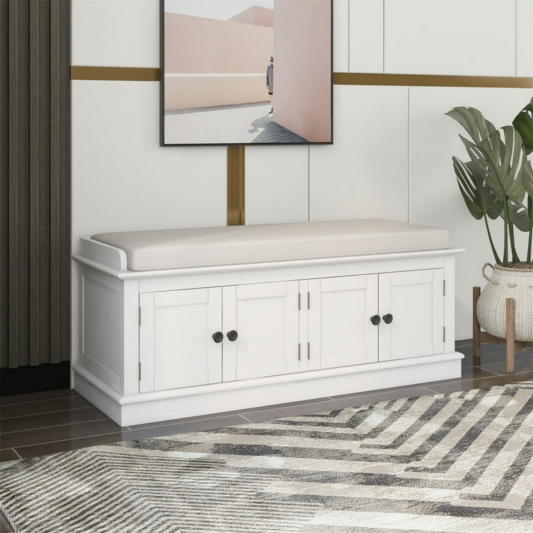 Transitional Four-Door Storage Bench in White with Cushion